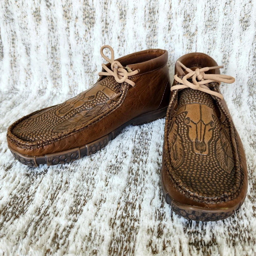 Reywelt Western Chukka Boot Loafer Brown Leather Steer Head | Men's Size 8